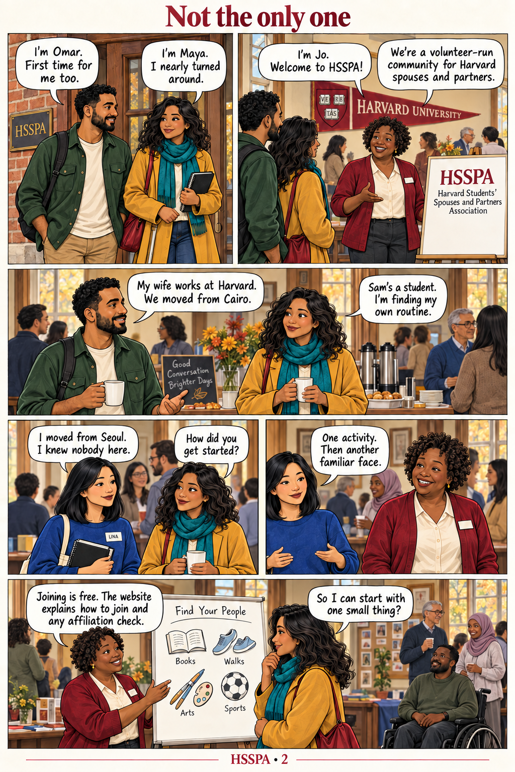 Comic: Maya meets Omar, Lina, and volunteer Jo at HSSPA. They share their experiences of arriving at Harvard and encourage her to start with one activity.