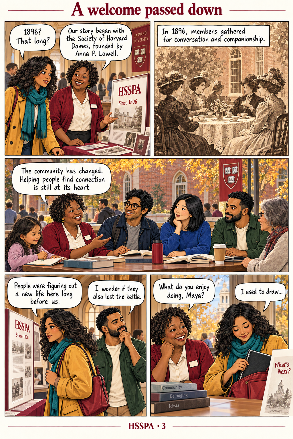 Comic: Jo explains HSSPA’s origins in the Society of Harvard Dames, founded by Anna P. Lowell in 1896. Maya discovers a continuing tradition of friendship and belonging.