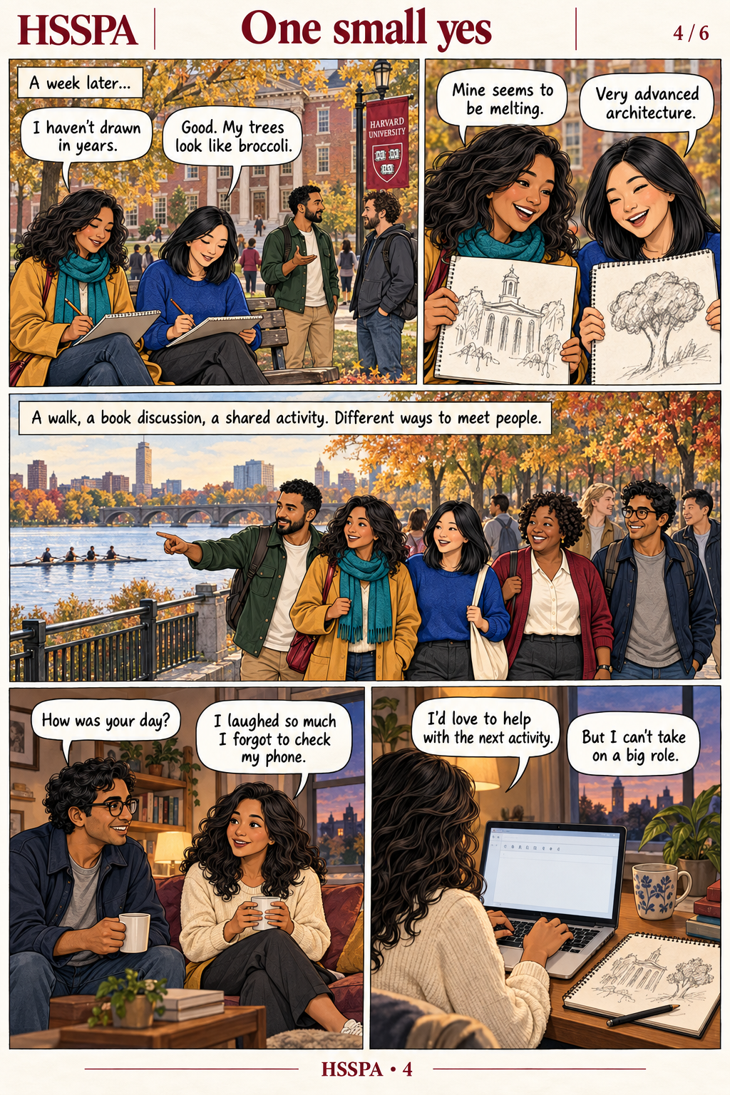Comic: Maya joins a sketching outing, laughs with new friends, and begins finding her own community. She wants to help with an activity without taking on a large role.