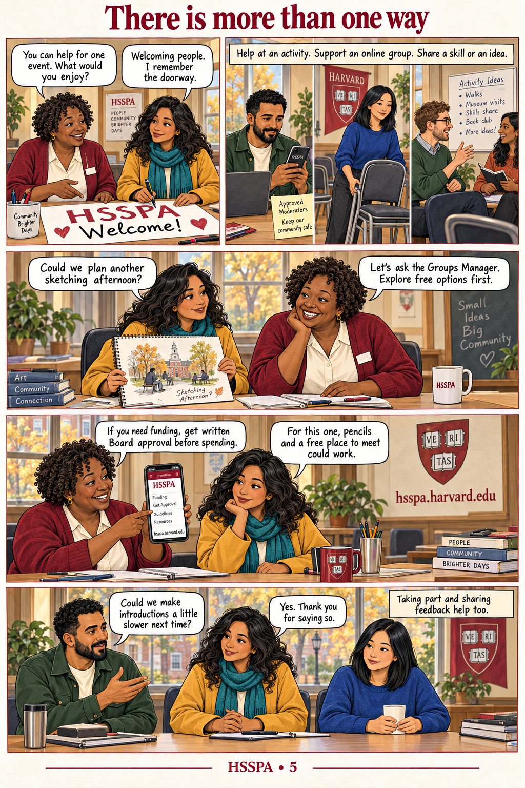 Comic: Maya explores ways to contribute, from welcoming members to helping with activities. The group discusses free options, funding approval, and listening to feedback.