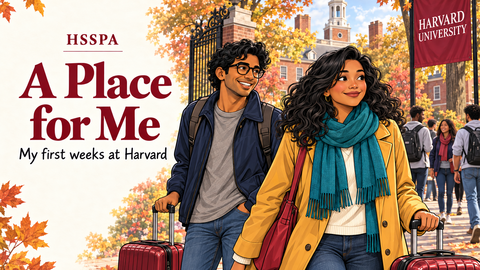 Cover illustration for “A Place for Me: My First Weeks at Harvard,” showing Maya and Sam arriving at Harvard with suitcases.